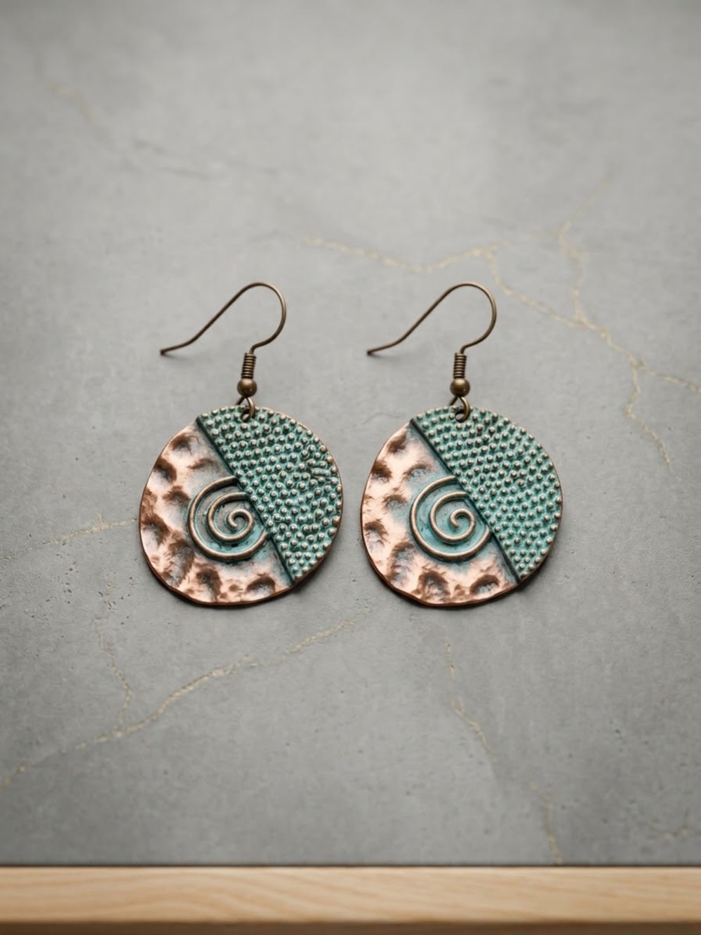 Turquoise Patina Copper Spiral Drop Earrings - Women Jewelry